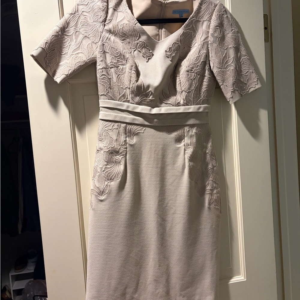 ANTONIO MELANI Embroidered Short-Sleeve Sheath Dress, Size 0, Light Taupe